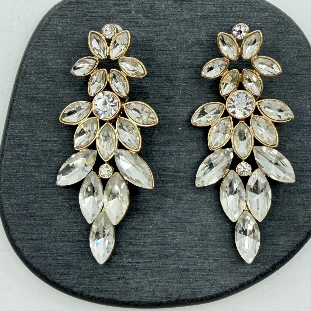 Gold Tone Clear Rhinestone Chandelier Earrings Bridal Statement Jewelry Gift